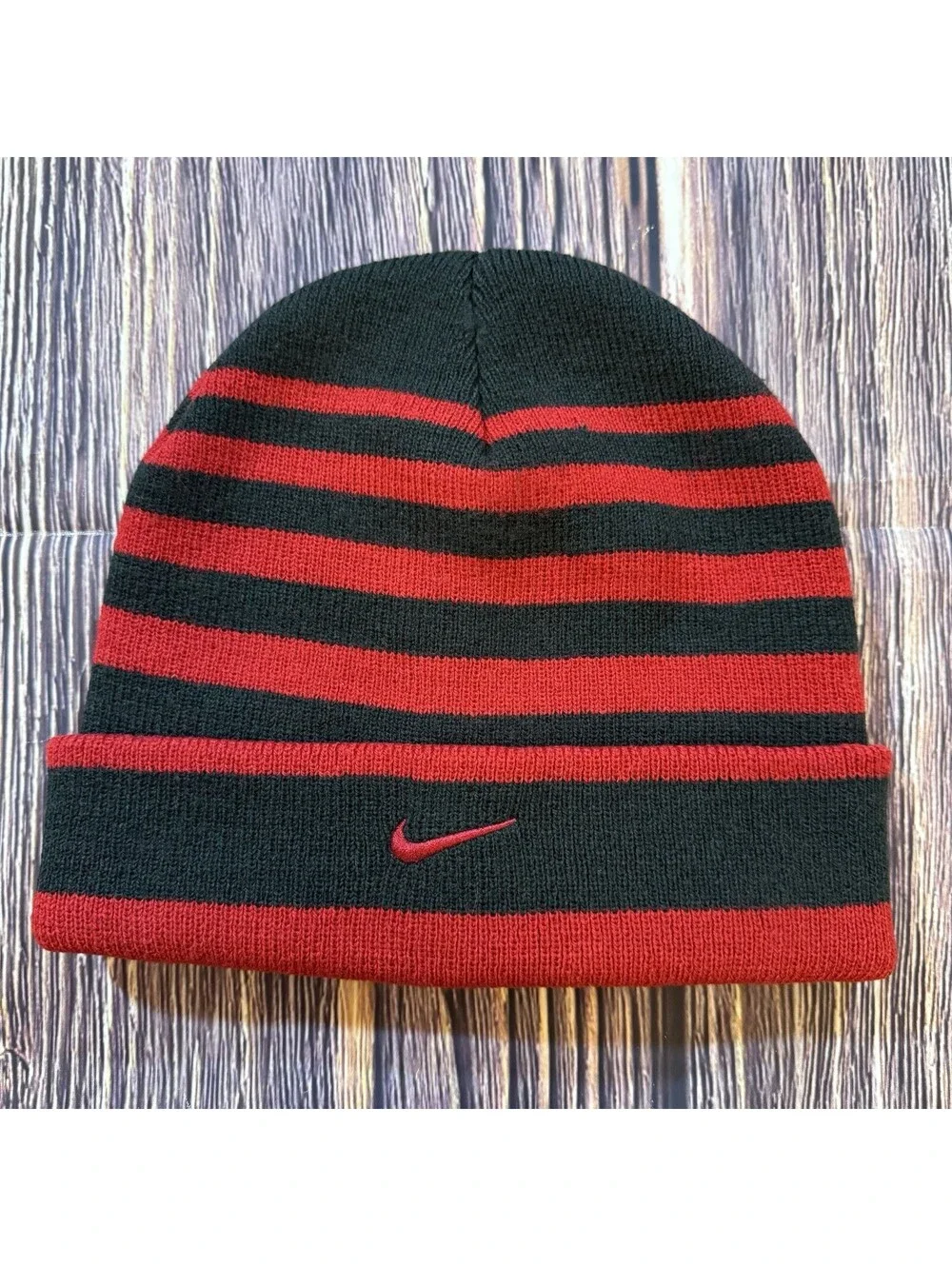 Nike Beanie Knit Hat Black Red Striped Swoosh Logo Youth One Size Unisex